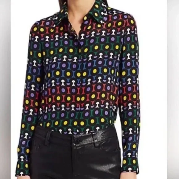 Alice + Olivia Willa Color Placket Silk Blouse Rainbow Dot Women's Small - Picture 1 of 6